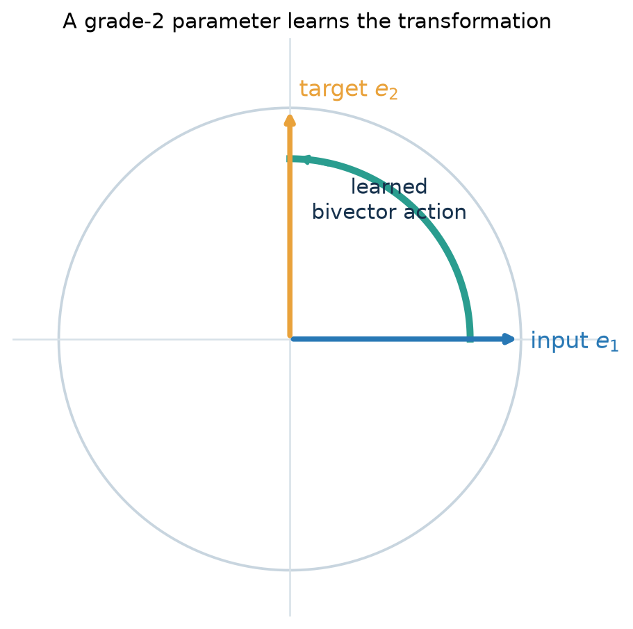 Input direction, target direction, and the learned grade-2 action